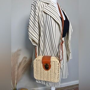 Woven Straw Crossbody Bag with Tan Leather Trim